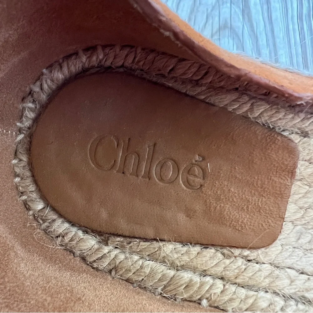 Chloe Lauren 40 Brown Suede Espadrille Wedge Sandals Cognac ankle wrap platform